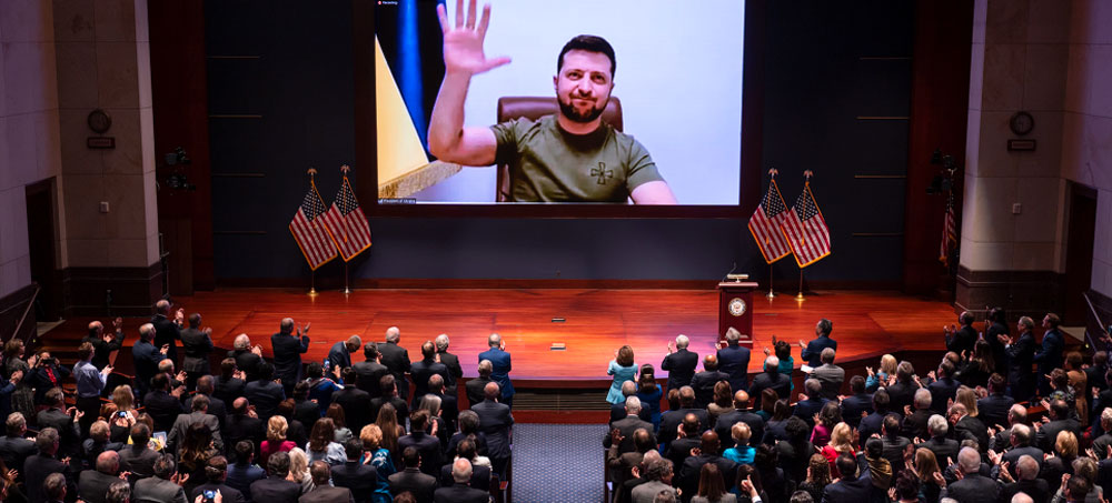 Wednesday, March 16, 2022: Embattled Ukrainian President Volodymyr Zelensky addresses members of U.S. Congress via video conference. (photo: Congressional press pool)