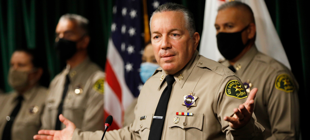Los Angeles County Sheriff Alex Villanueva discusses organizational change, transparency, accountability, and how they relate to the issue of deputy cliques during a press conference at the Hall of Justice, on Wednesday, May 26, 2021. (photo: Ali Seib/Getty)