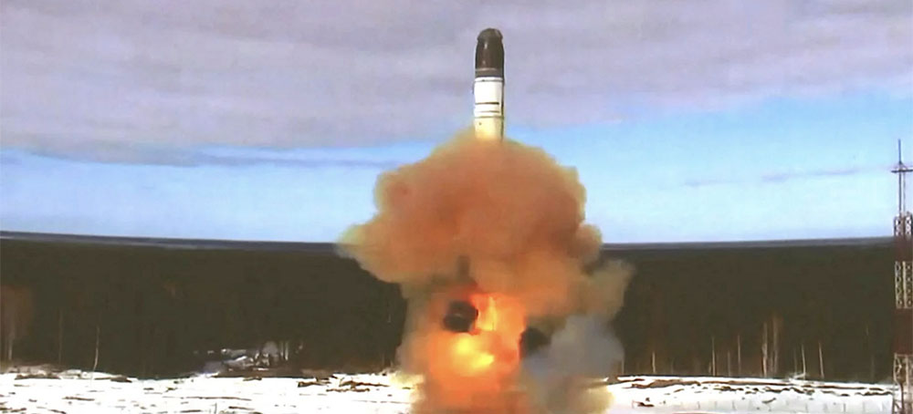 A Russian Sarmat ICBM launches during a test at the Plesetsk cosmodrome in Arkhangelsk Region, Russia, in a still image taken from a video released on April 20, 2022. (photo: Russian Defence MinistryReuters)