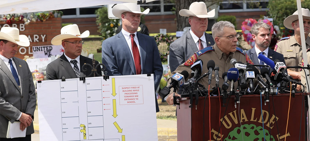 Steven C. McCraw, director and colonel of the Texas Department of Public Safety, speaks during a press conference about the mass shooting at Robb Elementary School in Uvalde, Texas, on Friday. (photo: Michael M. Santiago/Getty Images)