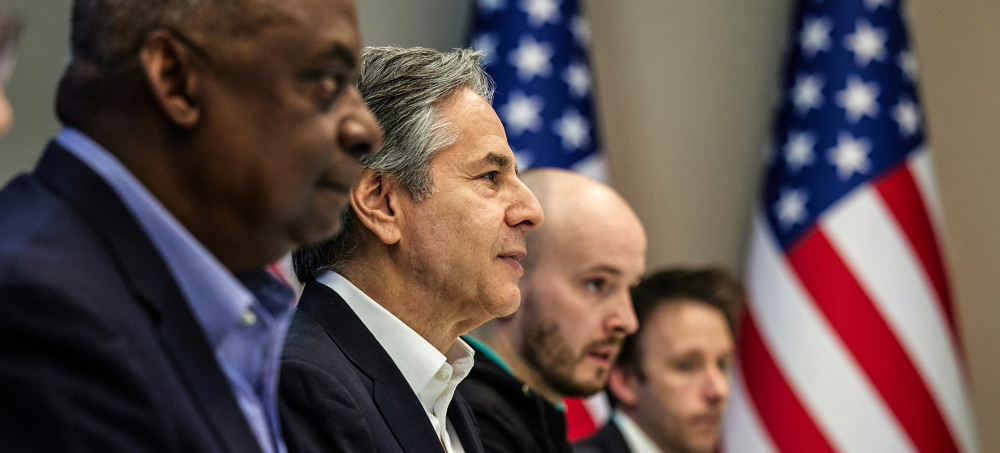 From left, Defense Secretary Lloyd Austin and Secretary of State Antony Blinken at a meeting with Ukrainian president Volodymyr Zelenskyy on April 24 in Kyiv. (photo: Getty)