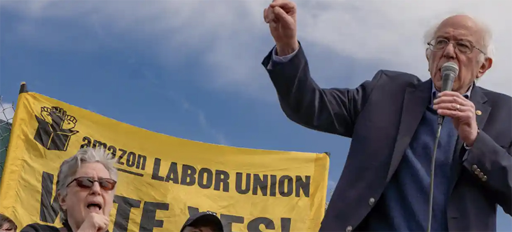 Bernie Sanders at the LDJ5 Amazon center in Staten Island in April. ‘You can’t win elections unless you have the support of the working class of this country. (photo: Derek French/Rex/Shutterstock)