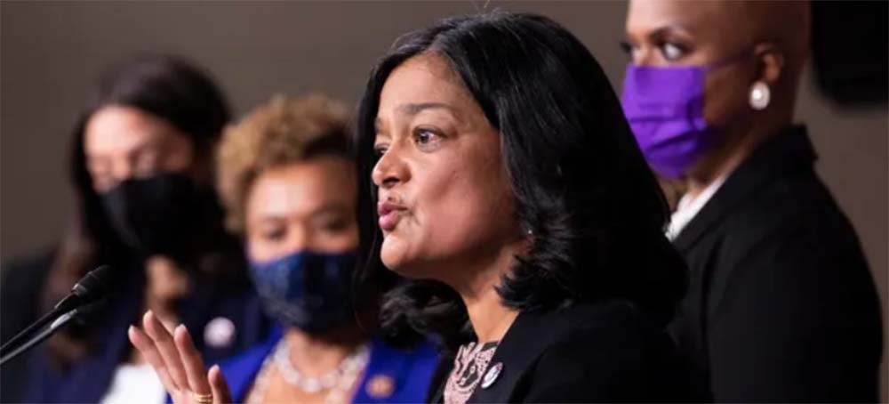 Pramila Jayapal, pictured here in December 2021 with other members of the progressive caucus, said: ‘The letter was drafted several months ago, but unfortunately was released by staff without vetting.’ (photo: Michael Reynolds/EPA)