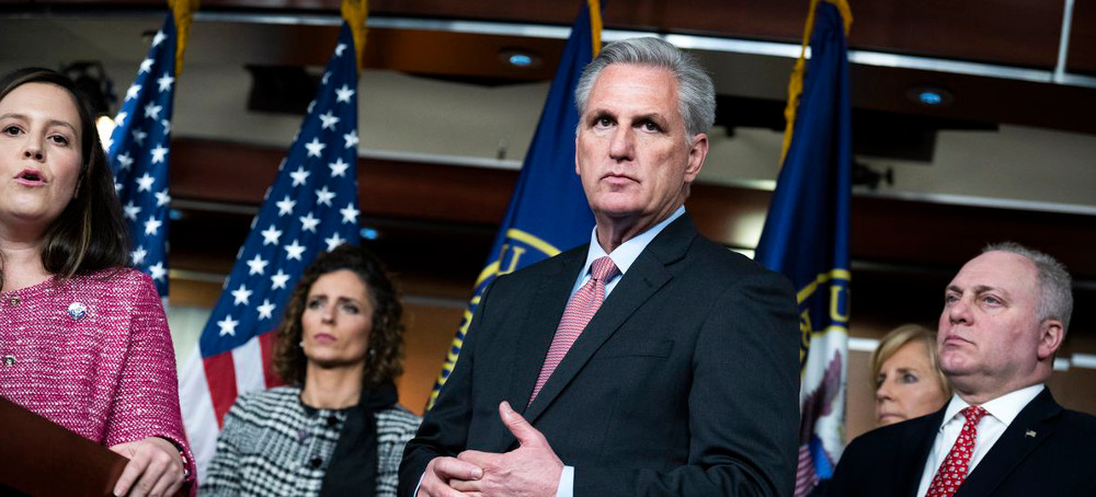 House Minority Leader Kevin McCarthy (center), House Minority Whip Steve Scalise (right), and House Republican Conference Chair Elise Stefanik (left) conduct a news conference with GOP members on President Biden’s first year on January 20. (photo: Tom Williams/Getty)