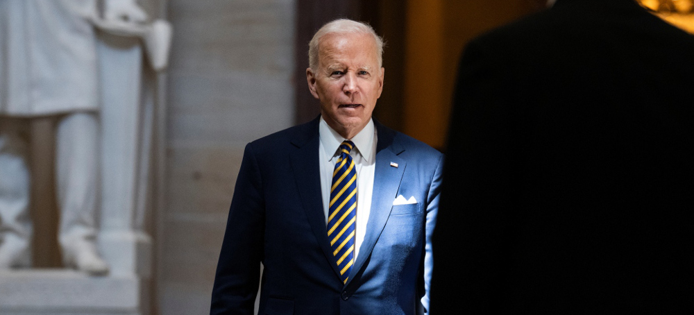 President Joe Biden arrives to the U.S. Capitol Rotunda before paying respects to the late Rep. Don Young, R-Alaska, whose remains were lying in state in Statuary Hall on Tuesday. (photo: Tom Williams/Roll Call)