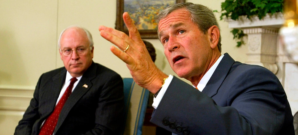 George W. Bush, right, with Richard B. Cheney at his side, speaks during a meeting with congressional leaders in the Oval Office. (photo: Doug Mills/AP)