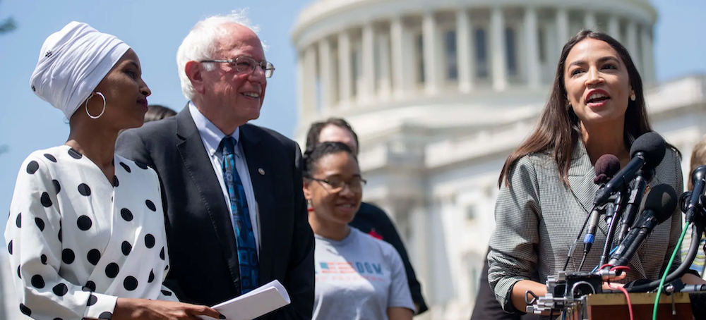 From left, Representative Ilhan Omar, Senator Bernie Sanders and Representative Alexandria Ocasio-Cortez at the Capitol. (photo: Saul Loeb/Agence France-Presse/Getty Images)