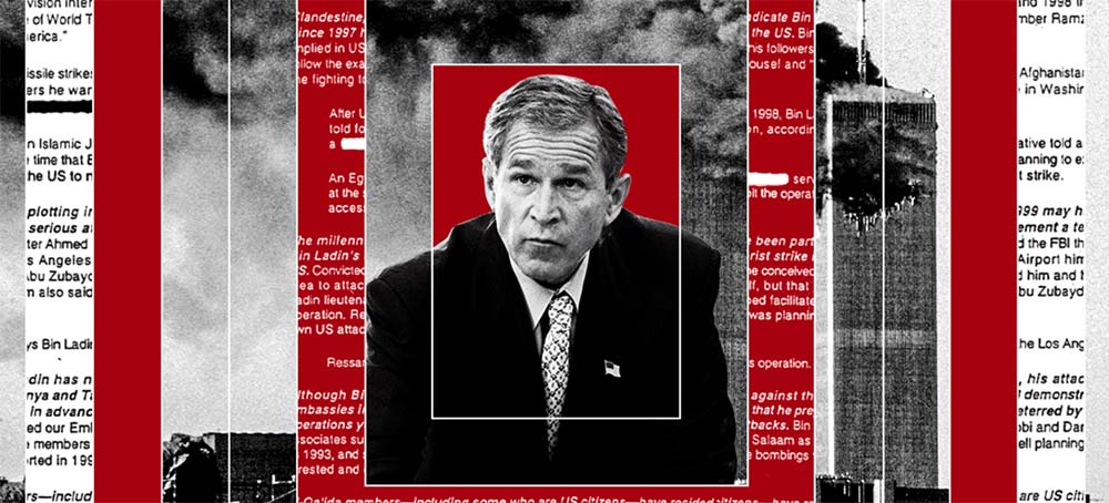 In a newly declassified 2004 interview, then-President George W. Bush told the 9/11 Commission that he didn't know Al Qaeda had plans to strike the US homeland. The record shows otherwise. (photo: Brooks Kraft/Getty Images/Reuters/Federation of American Scientists/Rachel Mendelson/Insider)
