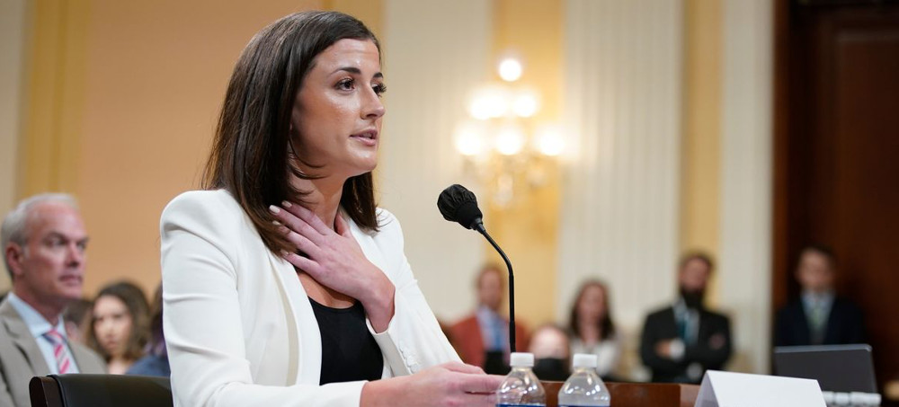 Cassidy Hutchinson, a top former aide to Trump White House Chief of Staff Mark Meadows, is sworn-in as she testifies during the sixth hearing by the House Select Committee on the January 6th insurrection in the Cannon House Office Building on June 28, 2022, in Washington, D.C. (photo: Brandon Bell/Getty)