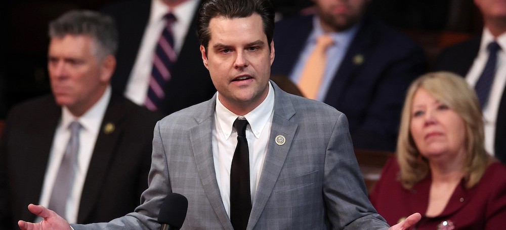 Matt Gaetz (R-FL) delivers remarks in the House Chamber during the fourth day of elections for Speaker of the House at the U.S. Capitol Building on Jan. 6, 2023, in Washington, D.C. (photo: Win McNamee/Getty Images)