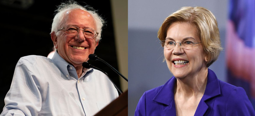 Sens. Sanders, Warren and other Democrats introduced a bill to extend Social Security solvency through 2096. (photo: Ethan Miller/Getty, Ronen Tivony/LightRocket)