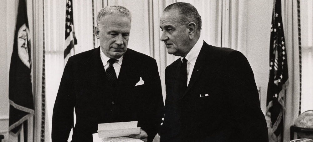 President Johnson and George W. Ball discuss policy in the Oval Office, 1965. (photo: Mudd Manuscript Library)