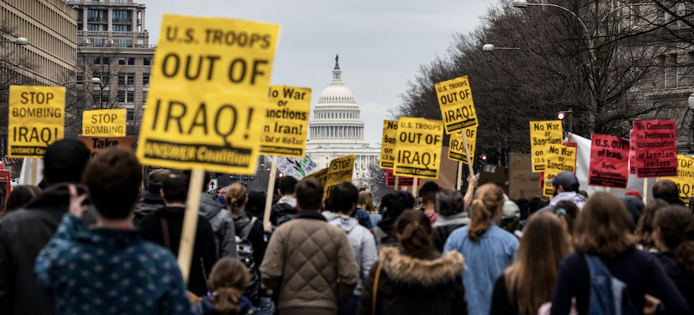 Anti-war demonstrators march during a demonstration against war in Iraq and Iran on Jan. 4, 2020, in Washington, D.C. (photo: Alex Edelman/Getty Images)