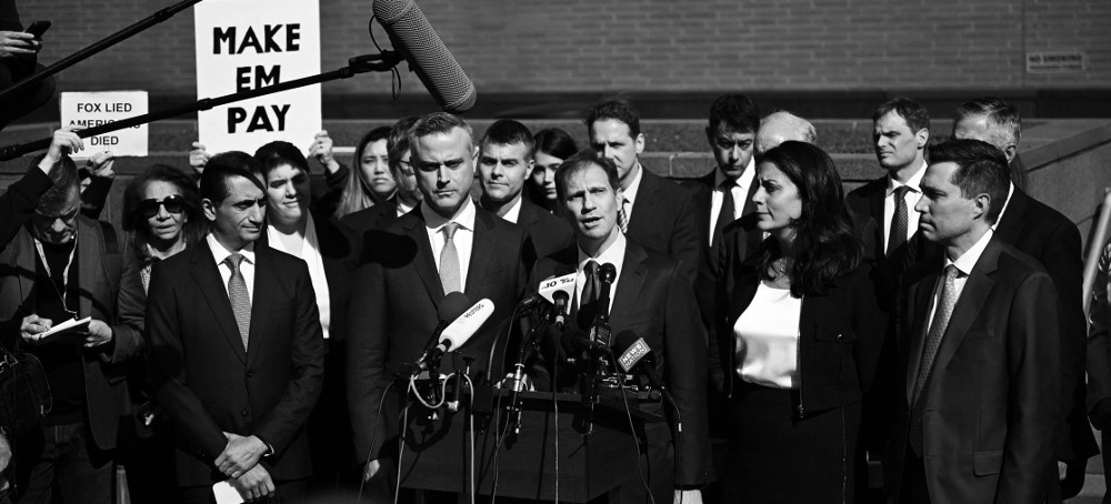 'The truth matters. Lies have consequences,' Justin Nelson, a lawyer for Dominion, told reporters. In Fox's statement, noble words about truth and justice were nowhere to be found (photo: Andrew Caballero-Reynolds)