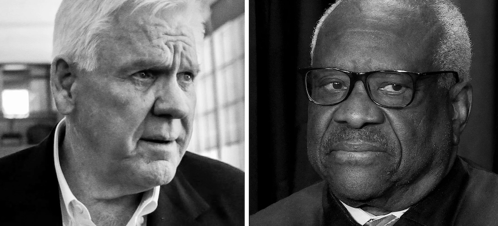 Harlan Crow and Clarence Thomas. (photo: Chris Goodney/Bloomberg/Olivier Douliery/AFP)