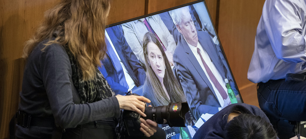 Director of National Intelligence Avril Haines is seen on a screen while she speaks during a Senate Intelligence Committee hearing on Capitol Hill in Washington, D.C., on March 8, 2023. (photo: Amanda Andrade-Rhoades/AP) 