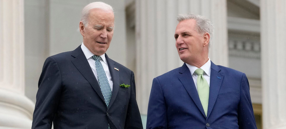 U.S. President Joe Biden and House Speaker Kevin McCarthy, on the steps of the Capitol in March. (photo: Alex Brandon/AP)