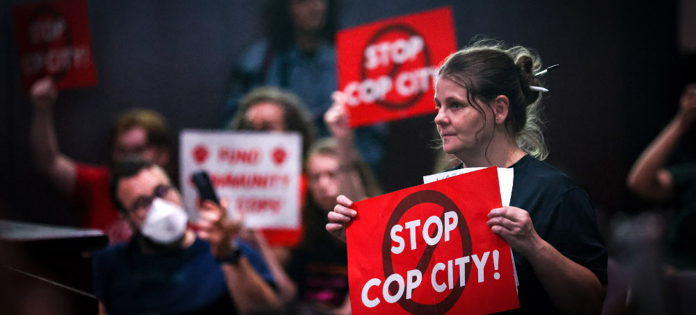 Protesters react before the council votes on funding for a new Atlanta police training center, on June 6, 2023, in Atlanta. (photo: Jason Getz/AP)