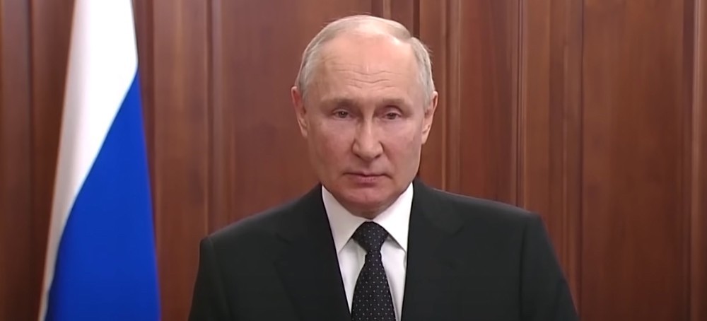24 June 2023 | Vladimir Putin in a televised address threatens to crush a coup attempt by his former ally and head of the Wagner mercenary army, Yevgeny Prigozhin. (image: Russian state video)