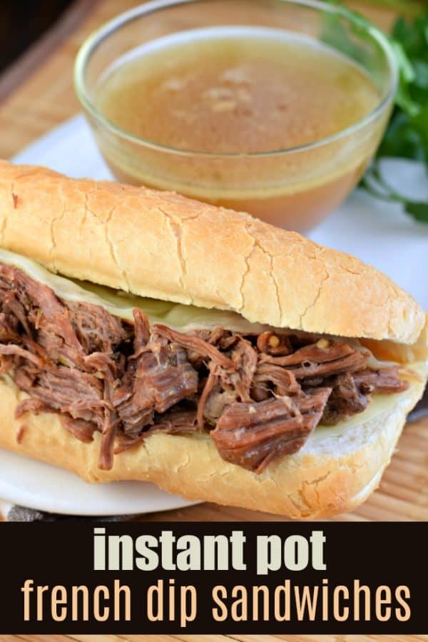 Tender roasted, French Dip Sandwiches cooked in the Instant Pot. Piled on a crusty french roll with extra cheese, this flavorful dinner is then dipped in au jus! #pressurecooker #instantpot #weeknightdinner #dinnerideas #dinnerrecipes #frenchdip