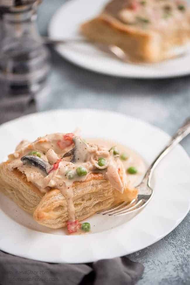 Slow Cooker Chicken a la King served in a puff pastry square is a super easy, creamy, comforting dish that your family and friends will love.