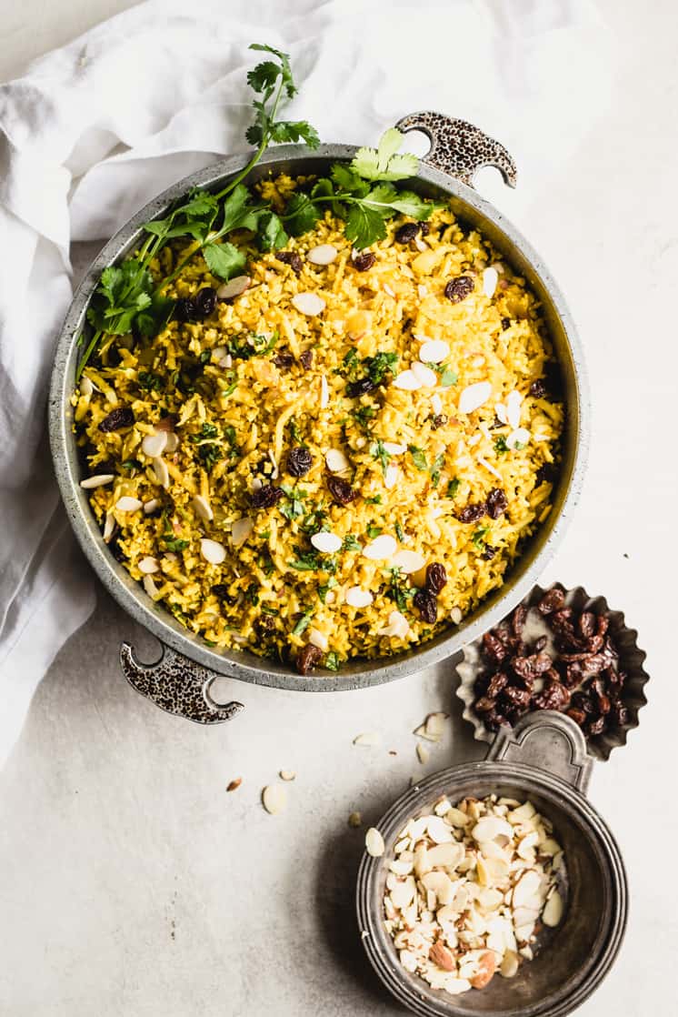 metal bowl with curry cauliflower rice