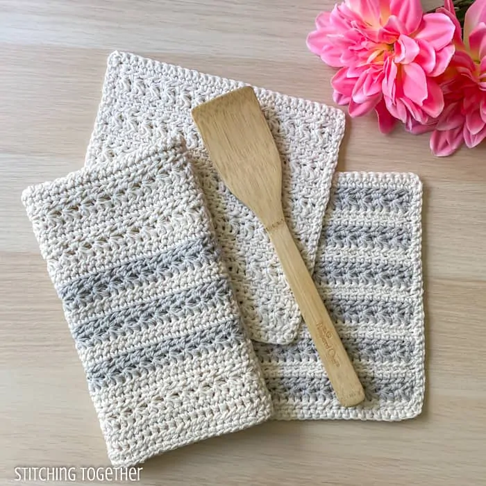 kitchen dish towels crochet with wooden spoon and flowers