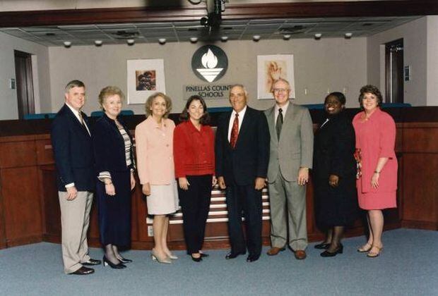 Lee Benjamin, fourth from right, served on the Pinellas County School Board for 14 years. Here he is pictured in 2002, during one several stints as the board's chairman.