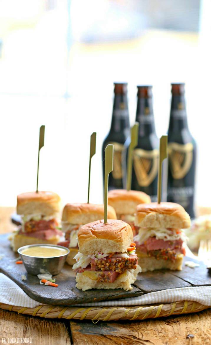 Slow Cooker Corned Beef and Cabbage Sliders with Guinness Mustard! The perfect Irish meal or appetizer for St. Patrick's Day! So fun, festive, and easy! | The Cookie Rookie