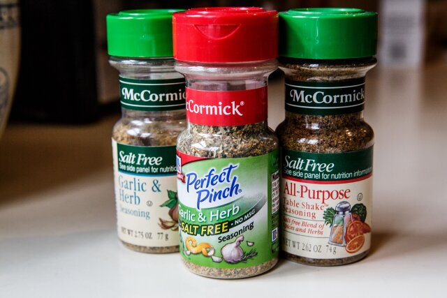 Three varieties of McCormick spices in plastic table shaker containers. Salt free all purpose, garlic and herb and Perfect Pinch salt free garlic and herb. Variety of prepared and mixed Seasonings to add to any food dish.