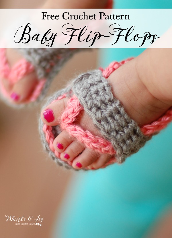 crochet baby feet wearing pink and gray flip flops