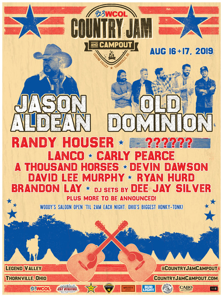 Jason Aldean, Old Dominion, Randy Houser, LANCO, Dee Jay Silver, Monster Trucks & More Confirmed For 92.3 WCOL Country Jam + Campout, August 16 & 17 At Legend Valley In Thornville, OH